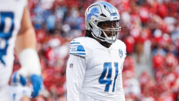 Lions linebacker James Houston looks on during warmups before the NFC championship game at Levi's Stadium in Santa Clara, California, on Sunday, Jan. 28, 2024.
