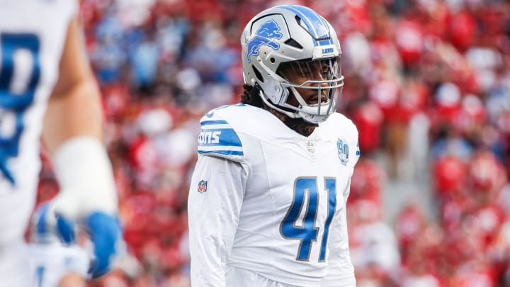 Lions linebacker James Houston looks on during warmups before the NFC championship game at Levi's Stadium in Santa Clara, California, on Sunday, Jan. 28, 2024.