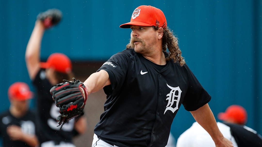 Detroit Tigers pitcher Andrew Chafin throws during spring training at TigerTown in Lakeland, Fla. on Saturday, Feb. 17, 2024.
