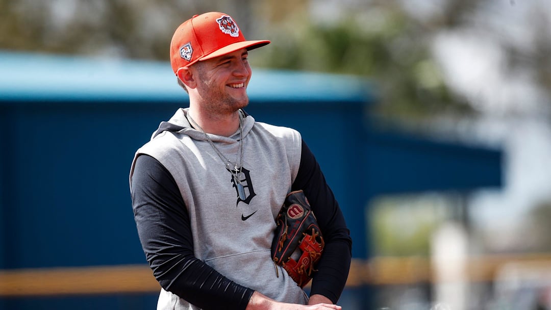 Detroit Tigers infielder Jace Jung practices during spring training at TigerTown in Lakeland, Fla. on Monday, Feb. 19, 2024.