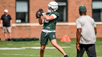 Michigan State's Jack Velling catches a pass during the first day of football camp on Tuesday, July 30, 2024, in East Lansing.