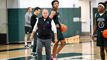 Michigan State's coach Tom Izzo looks on during the first day of basketball practice on Monday, Sept. 22, 2025, at the Breslin Center in East Lansing.