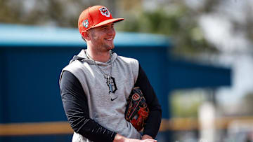 Detroit Tigers infielder Jace Jung practices during spring training at TigerTown in Lakeland, Fla. on Monday, Feb. 19, 2024.