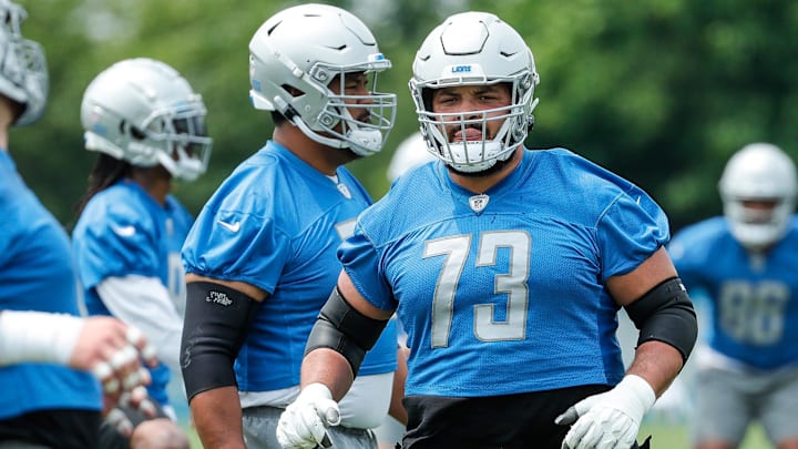 Detroit Lions guard Jonah Jackson (73) warms up during minicamp at Detroit Lions Headquarters and Training Facility in Allen Park on Tuesday, June 6, 2023.