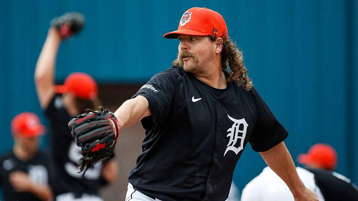 Detroit Tigers pitcher Andrew Chafin throws during spring training at TigerTown in Lakeland, Fla. on Saturday, Feb. 17, 2024.