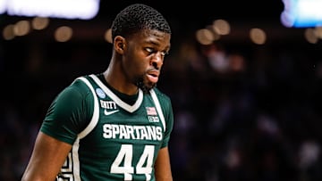 Michigan State forward Gabe Brown (44) walks back to the court after a timeout against Duke during the second half of the second round of the NCAA tournament at the Bon Secours Wellness Arena in Greenville, S.C..