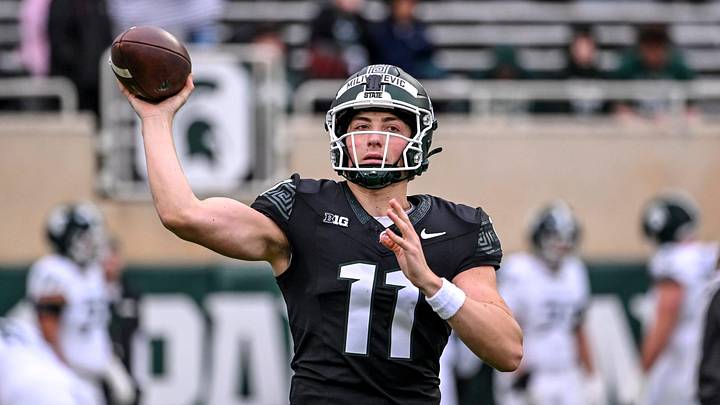 Michigan State's Alessio Milivojevic wars up before the football Spring Showcase on Saturday, April 18, 2026, at Spartan Stadium in East Lansing.