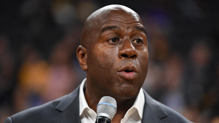 Oct 8, 2017; Las Vegas, NV, USA; President of Basketball Operations of the Los Angeles Lakers Earvin Magic Johnson speaks about the tragedy in Las Vegas before the start of a preseason game between the Los Angeles Lakers and the Sacramento Kings at T-Mobile Arena. Mandatory Credit: Stephen R. Sylvanie-USA TODAY Sports