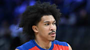 Apr 5, 2025; Detroit, Michigan, USA;  Detroit Pistons guard Ron Harper Jr. (13) before their game against the Memphis Grizzlies at Little Caesars Arena. Mandatory Credit: Lon Horwedel-Imagn Images