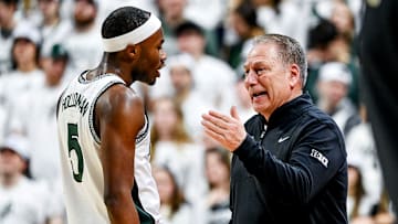 Michigan State's head coach Tom Izzo, right, talks with Tre Holloman during the first half against Oregon on Saturday, Feb. 8, 2025, at the Breslin Center East Lansing.