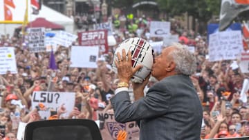 Lee Corso kisses a South Carolina helmet before live broadcast during ESPN Gameday near Williams-Brice Stadium in Columbia, S.C. Saturday, September 14, 2024.