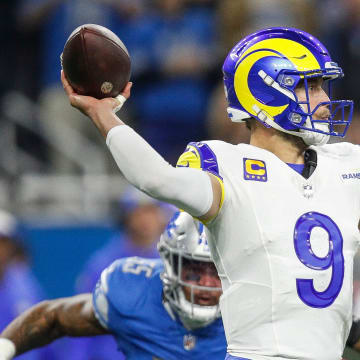 L.A. Rams quarterback Matthew Stafford passes against the Detroit Lions during the first half of the NFC wild-card game at Ford Field in Detroit on Sunday, Jan, 14, 2024.
