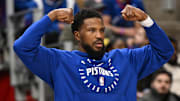 Feb 9, 2025; Detroit, Michigan, USA; Detroit Pistons guard Malik Beasley (5) celebrates on the bench after the Pistons made a three-point shot against the Charlotte Hornets in the second quarter at Little Caesars Arena. Mandatory Credit: Lon Horwedel-Imagn Images