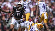 South Carolina linebacker Debo Williams reacts after tackling Louisiana State University running back Josh Williams (18) during the first quarter at Williams-Brice Stadium in Columbia, S.C. Saturday, September 14, 2024.