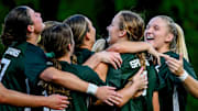 Michigan State's Emily Mathews, second from right, celebrates her goal with teammates during the first half in the game against Nebraska on Thursday, Sept. 19, 2024, at DeMartin Stadium in East Lansing.