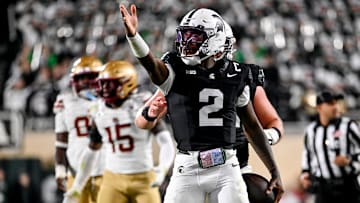 Michigan State's Aidan Chiles celebrates after a first down run against Boston College during the fourth quarter on Saturday, Sept. 6, 2025, at Spartan Stadium in East Lansing.