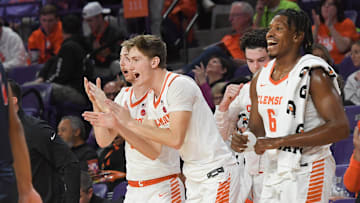 Clemson forward Asa Thomas (5) claps with Clemson forward Myles Foster (6) during the second half at Littlejohn Coliseum Thursday, November 21, 2024; Clemson, SC, USA.