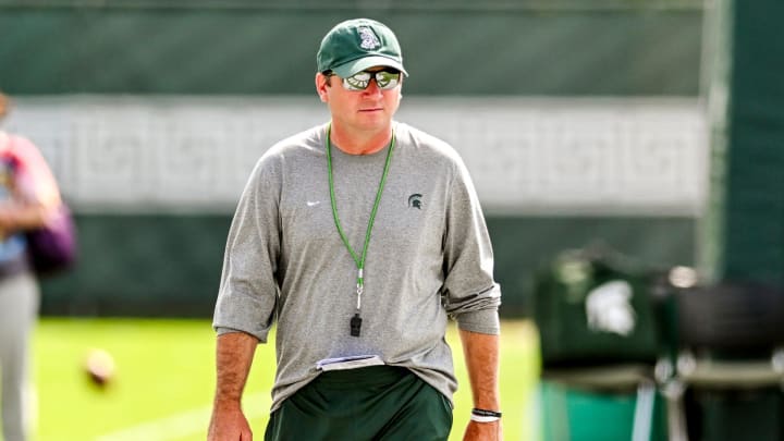 Michigan State's head coach Jonathan Smith looks on during the first day of football camp on Tuesday, July 30, 2024, in East Lansing.