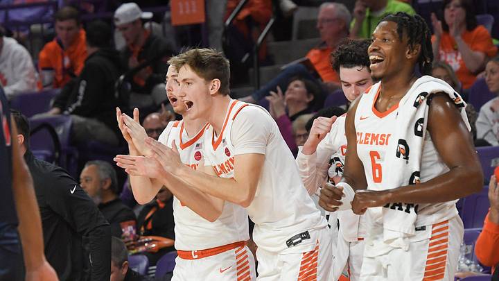 Clemson forward Asa Thomas (5) claps with Clemson forward Myles Foster (6) during the second half at Littlejohn Coliseum Thursday, November 21, 2024; Clemson, SC, USA.
