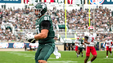 Michigan State's Michael Masunas catches a touchdown pass against Youngstown State during the third quarter on Saturday, Sept. 13, 2025, at Spartan Stadium in East Lansing.