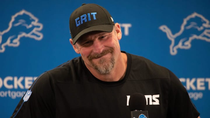 Detroit Lions coach Dan Campbell speaks to the media before practice begins during organized team activities in May.