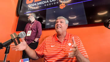 Clemson offensive line coach Matt Luke speaks during the Clemson football Media Outing & Open House at the Allen N. Reeves Football Complex in Clemson, S.C. Tuesday, July 16, 2024.