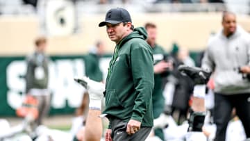 Michigan State's head coach Jonathan Smith looks on during the Spring Showcase on Saturday, April 20, 2024, at Spartan Stadium in East Lansing.