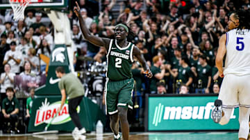 Michigan State's Kur Teng celebrates after a 3-pointer against Niagara during the second half on Thursday, Nov. 7, 2024, at the Breslin Center in East Lansing.