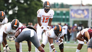 Belleville quarterback Bryce Underwood (19) calls for a snap against River Rouge during the first half of Prep Kickoff Classic at Wayne State University's Tom Adams Field in Detroi on Friday, August 25, 2023.
