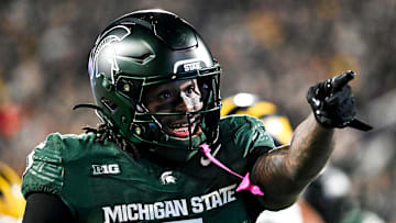 Michigan State's Makhi Frazier celebrates after a run against Michigan during the second quarter on Saturday, Oct. 25, 2025, at Spartan Stadium in East Lansing.
