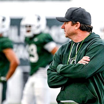 Michigan State head coach Jonathan Smith looks on during practice on Tuesday, April 8, 2025, in East Lansing.