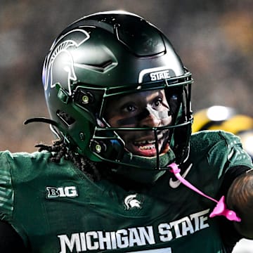 Michigan State's Makhi Frazier celebrates after a run against Michigan during the second quarter on Saturday, Oct. 25, 2025, at Spartan Stadium in East Lansing.