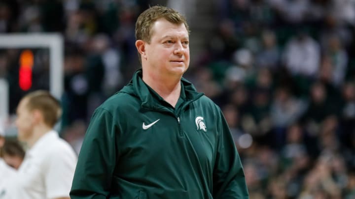 Michigan State hockey head coach Adam Nightingale walks off the court after the team is being honored for winning the Big Ten championship at Breslin Center in East Lansing on Wednesday, March 6, 2024.