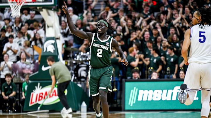 Michigan State's Kur Teng celebrates after a 3-pointer against Niagara during the second half on Thursday, Nov. 7, 2024, at the Breslin Center in East Lansing.