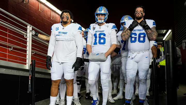 Detroit Lions offensive tackle Penei Sewell, quarterback Jared Goff and offensive tackle Taylor Decker, ready to take the field. Detroit Lions offensive tackle Penei Sewell, quarterback Jared Goff and offensive tackle Taylor Decker, ready to take the field.