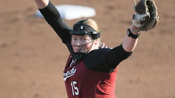 South Carolina senior Alana Vawter (15) pitches against Clemson during the bottom of the first inning at McWhorter Stadium in Clemson Wednesday, March 20, 2024. Vawter pitched 12 innings while the Gamecocks won 6-4.