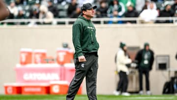 Michigan State's head coach Jonathan Smith looks on during the Spring Showcase on Saturday, April 20, 2024, at Spartan Stadium in East Lansing.