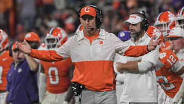 Nov 2, 2024; Clemson, South Carolina, USA; Clemson Tigers head coach Dabo Swinney reacts during the fourth quarter against the Louisville Cardinals at Memorial Stadium. Mandatory Credit: Ken Ruinard-Imagn Images