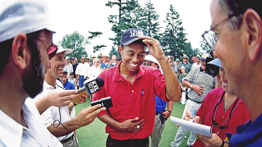 Tiger Woods with reporters at the 1996 U.S. Amateur.