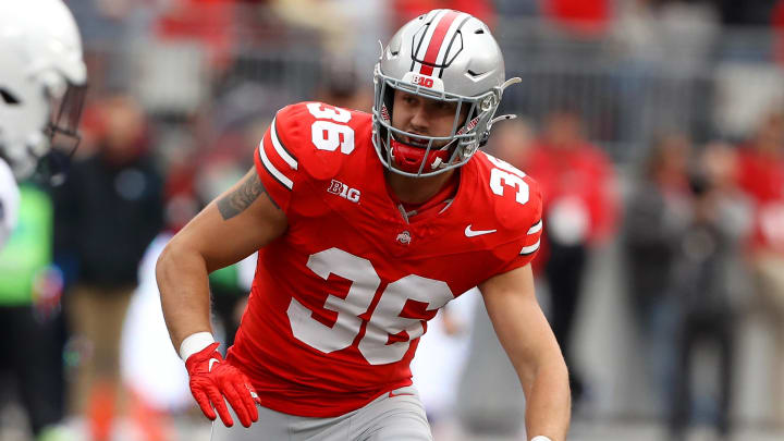 Oct 21, 2023; Columbus, Ohio, USA;  Ohio State Buckeyes linebacker Gabe Powers (36) team during the second half against the Penn State Nittany Lions at Ohio Stadium. Mandatory Credit: Joseph Maiorana-USA TODAY Sports