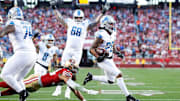 Lions running back Jahmyr Gibbs runs for a touchdown against the 49ers during the first half of the NFC championship game at Levi's Stadium in Santa Clara, California, on Sunday, Jan. 28, 2024.