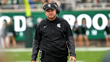 Michigan State's head coach Jonathan Smith walks the sideline during the fourth quarter in the game against UCLA on Saturday, Oct. 11, 2025, at Spartan Stadium in East Lansing.