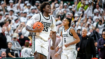 Michigan State's Coen Carr celebrates after defeating Arkansas on Saturday, Nov. 8, 2025, at the Breslin Center in East Lansing.