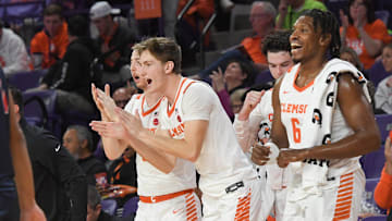 Clemson forward Asa Thomas (5) claps with Clemson forward Myles Foster (6) during the second half at Littlejohn Coliseum Thursday, November 21, 2024; Clemson, SC, USA.