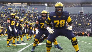 Michigan offensive lineman Myles Hinton (78) warms up before the Indiana game at Michigan Stadium in Ann Arbor on Saturday, Oct. 14, 2023.
