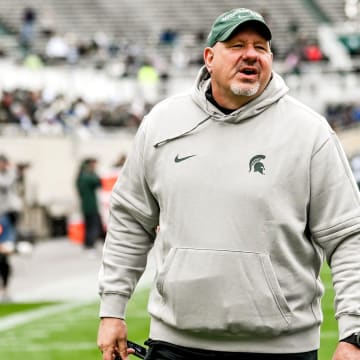 Michigan State offensive line coach Jim Michalczik works with players during the Spring Showcase on Saturday, April 20, 2024, at Spartan Stadium in East Lansing.