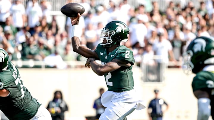 Michigan State's Aidan Chiles throws a touchdown pass against Prairie View A&M during the first quarter on Saturday, Sept. 14, 2024, at Spartan Stadium in East Lansing.