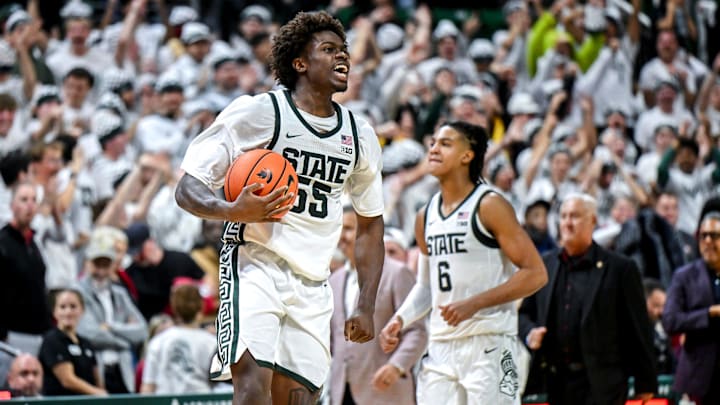 Michigan State's Coen Carr celebrates after defeating Arkansas on Saturday, Nov. 8, 2025, at the Breslin Center in East Lansing.