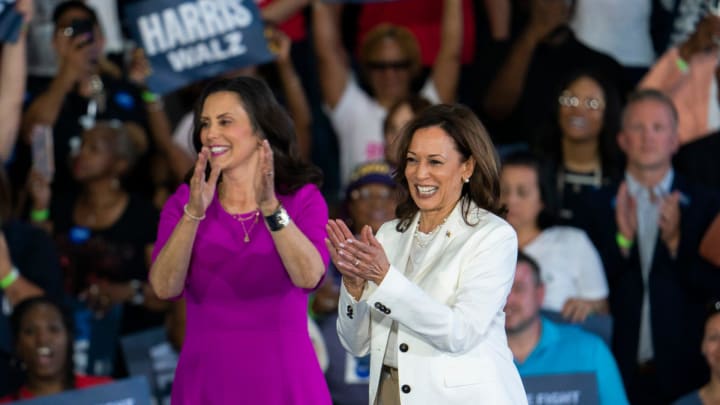 Michigan Gov. Gretchen Whitmer, left, stands with U.S. Vice President and democratic candidate for U.S. president Kamala Harris during a campaign stop in Romulus on Wednesday, Aug. 7, 2024.