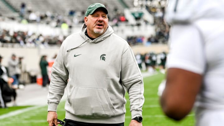 Michigan State offensive line coach Jim Michalczik works with players during the Spring Showcase on Saturday, April 20, 2024, at Spartan Stadium in East Lansing.